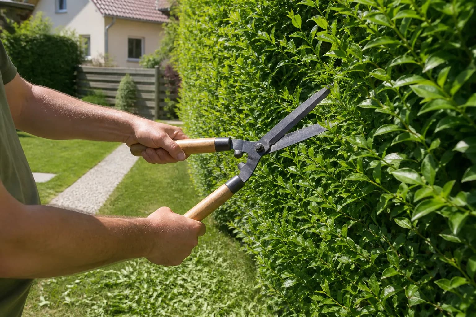 Hecke schneiden mit der Handschere im Garten vor einem Wohnhaus