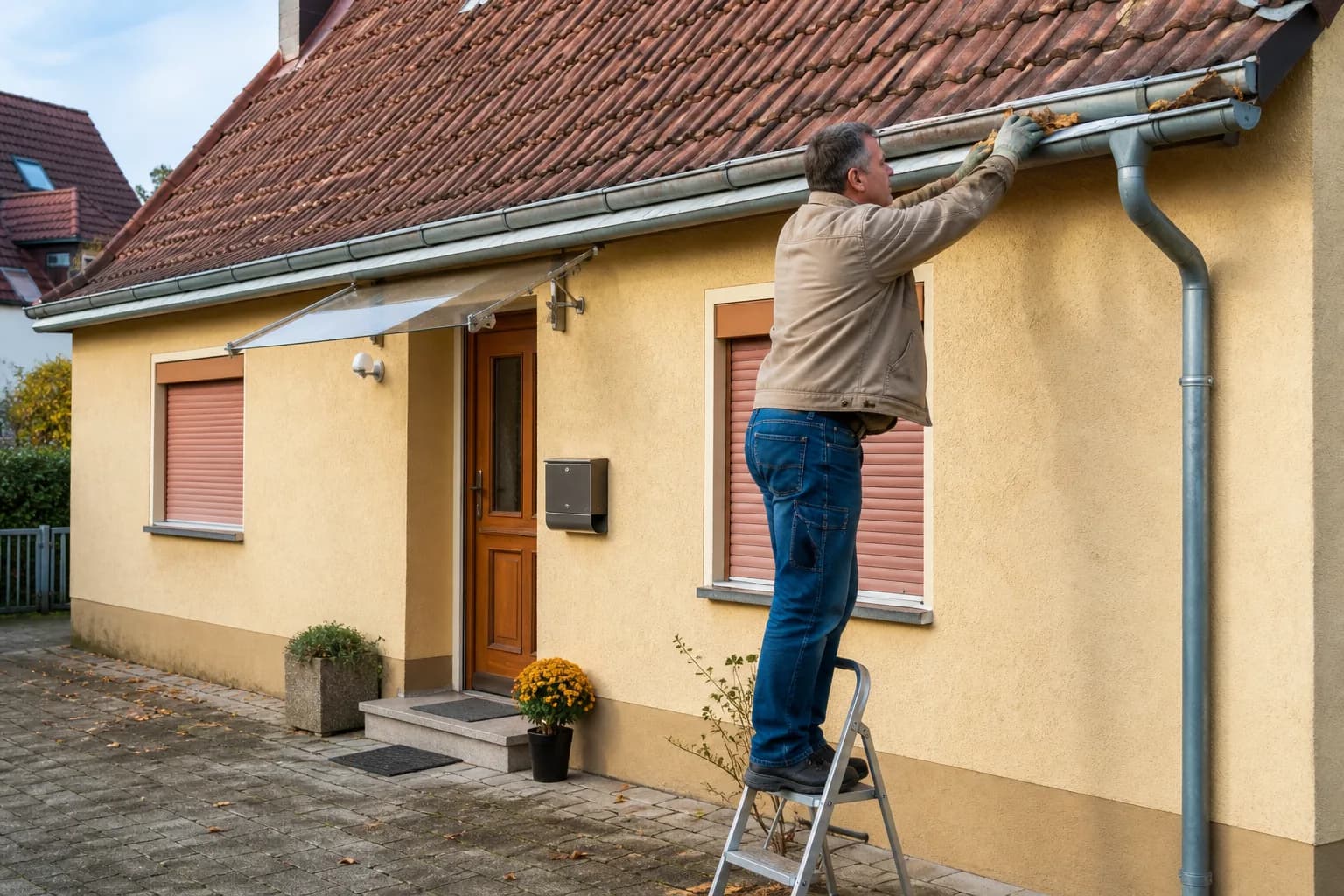 Hausmeister reinigt die Dachrinne an einem Wohnhaus mit Putzfassade und Ziegeldach