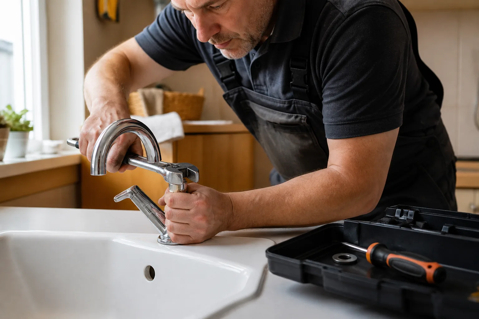 Kleine Reparatur an einem Wasserhahn mit Werkzeugkasten auf der Arbeitsplatte