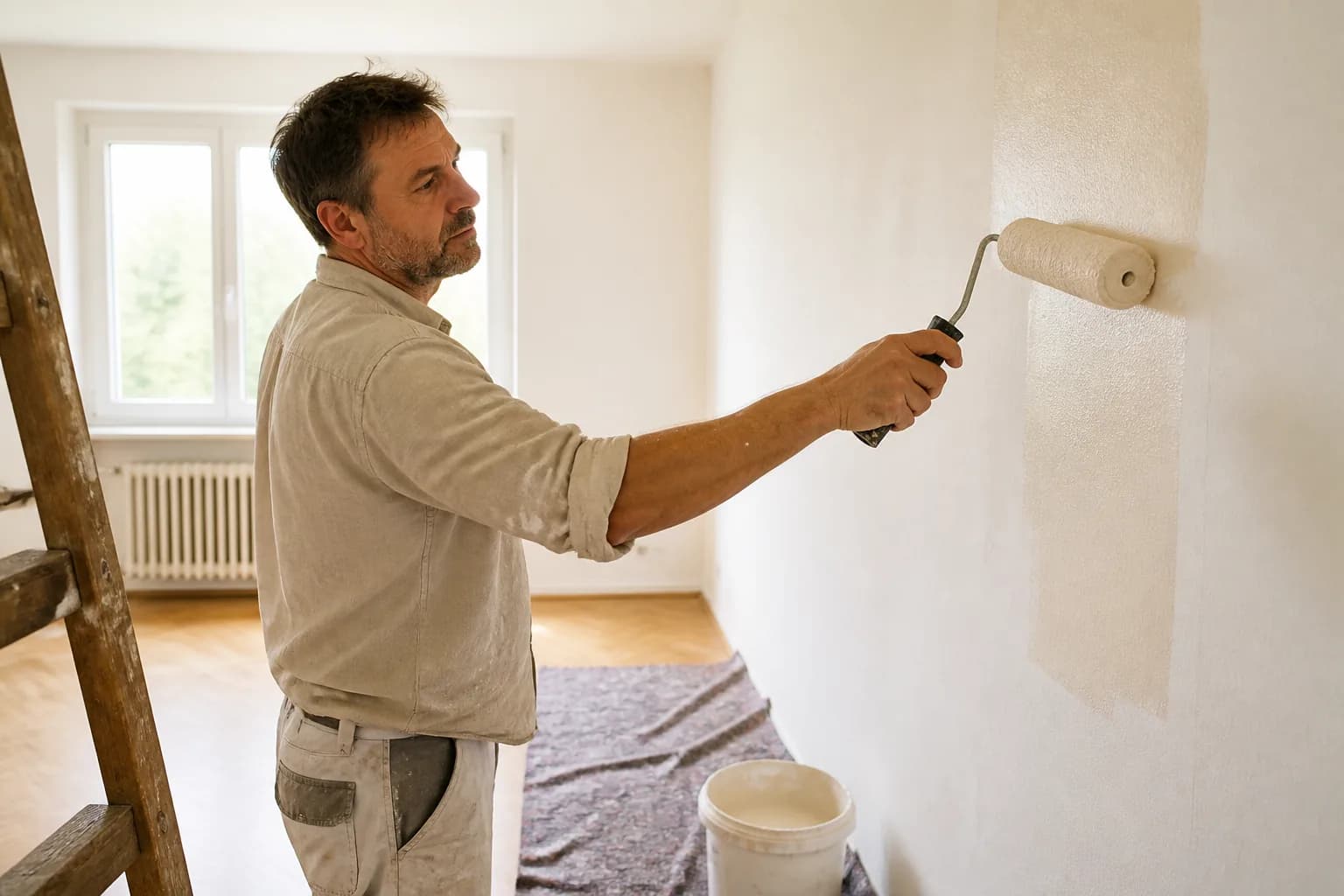 Handwerker streicht eine Wohnungswand mit der Rolle bei Tageslicht