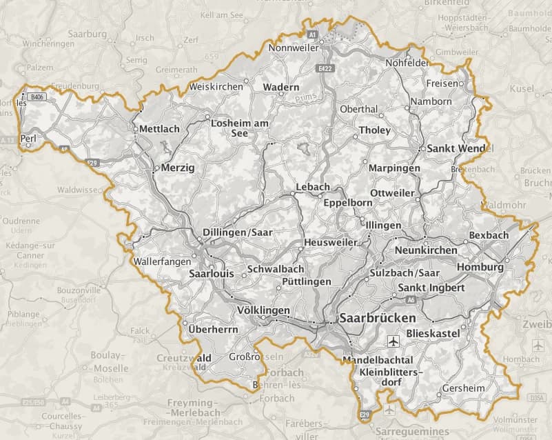 Karte des Saarlands mit den Einsatzorten Saarbrücken, Riegelsberg, Püttlingen, Heusweiler, Völklingen, Sulzbach